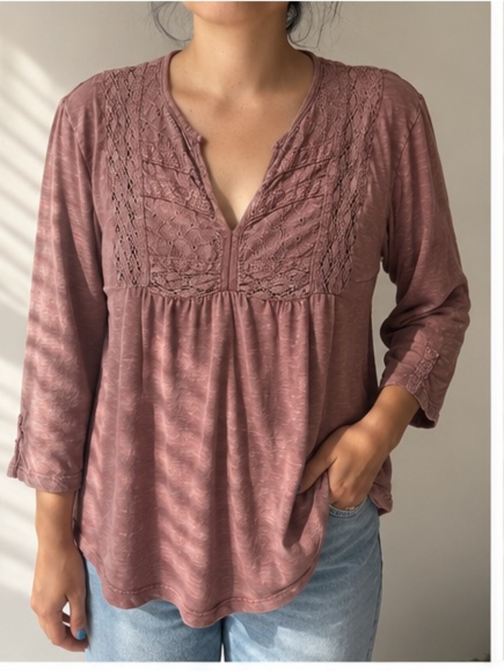 Cynthia Rowley Rose-Mauve Lace Yoke Peasant Blouse
